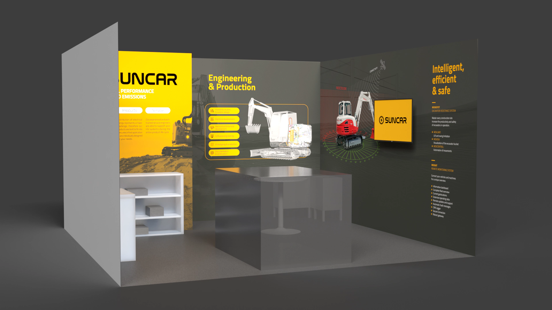 3D-Rendering des Messestands mit Blick auf die linke Rückwand