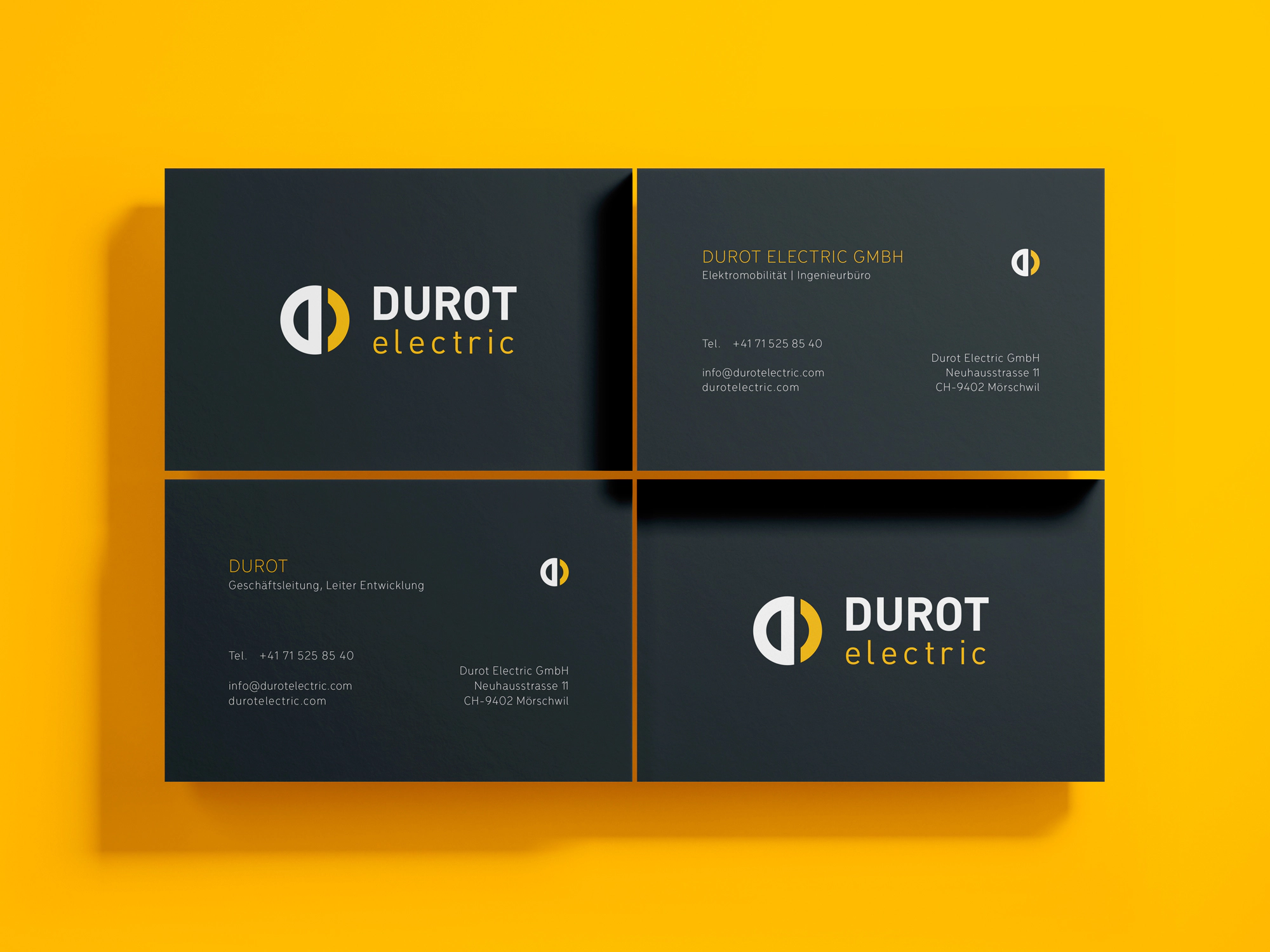 Visitenkarten von Durot Electric auf gelbem Grund