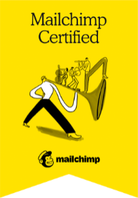 Mailchimp Certified badge on a yellow background, featuring a person running with a megaphone and the Mailchimp logo.